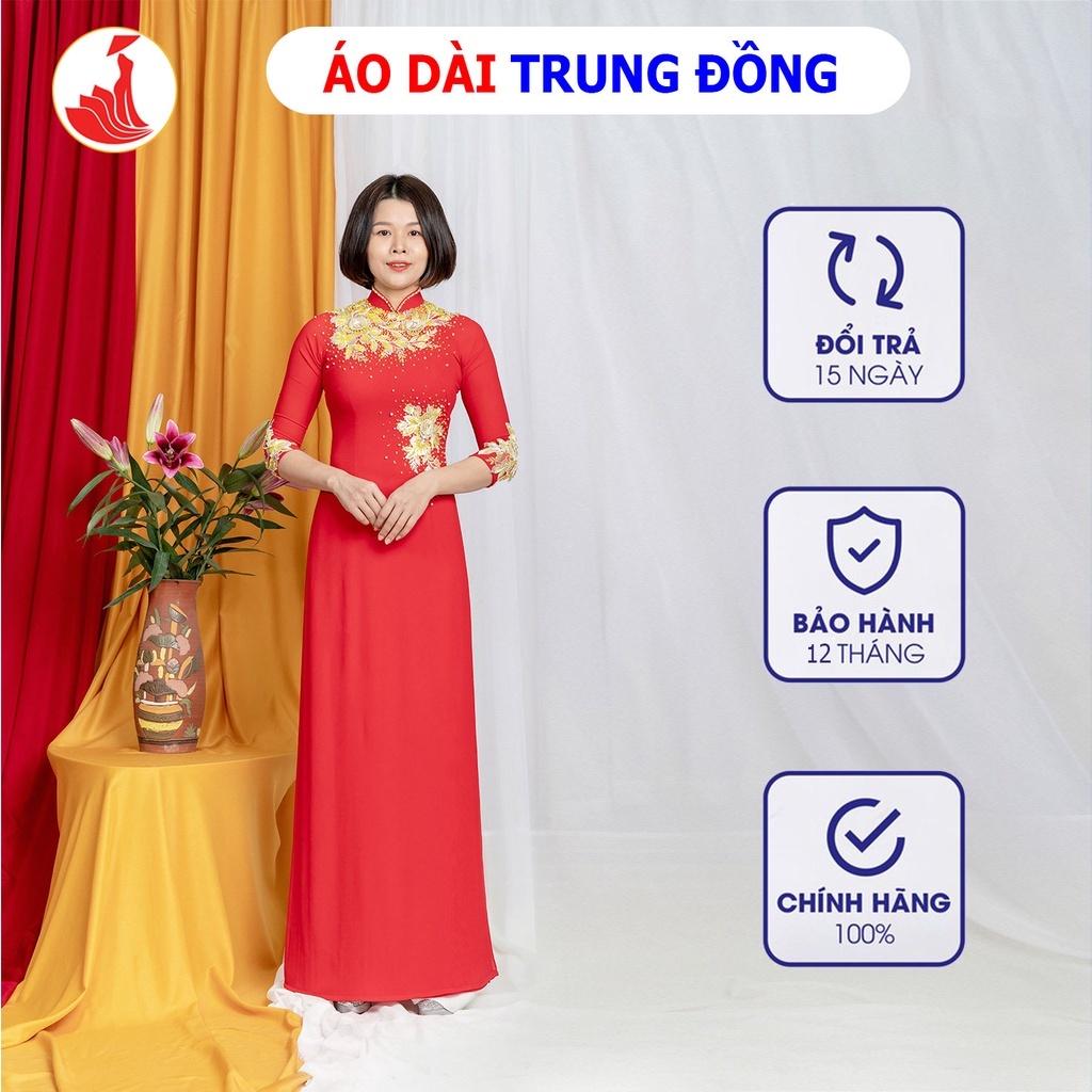 Áo dài đẹp màu đỏ chất liệu lụa kết hoa thủ công tay lỡ