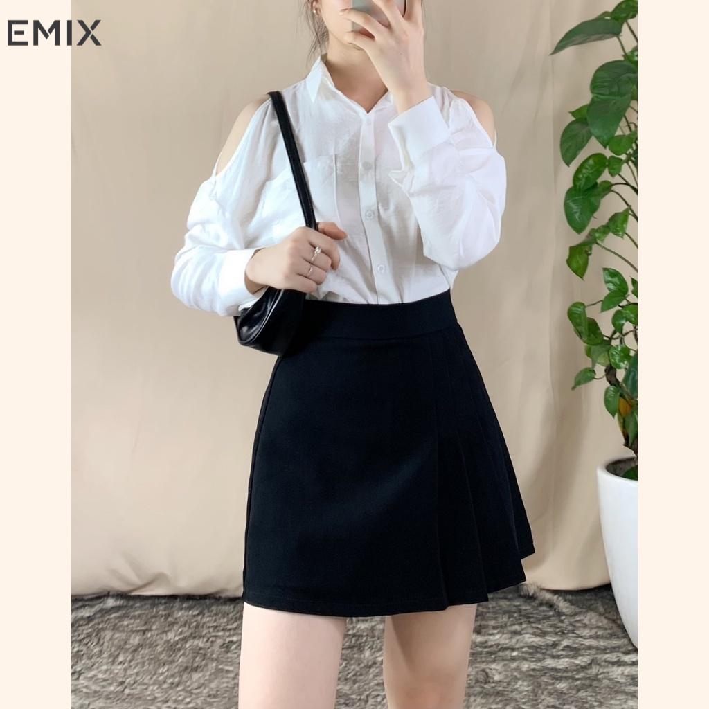 Chân váy chữ A 4 ly EMIX (màu đen), ulzzang, dáng ngắn, xếp ly, cạp cao, khóa sau, vải tuyết mưa, mềm mịn