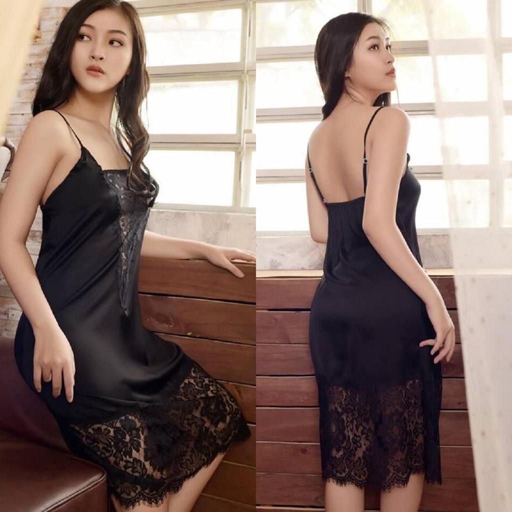 Đầm ngủ lụa cao cấp phối ren tặng kèm quần chíp ren xinh xắn