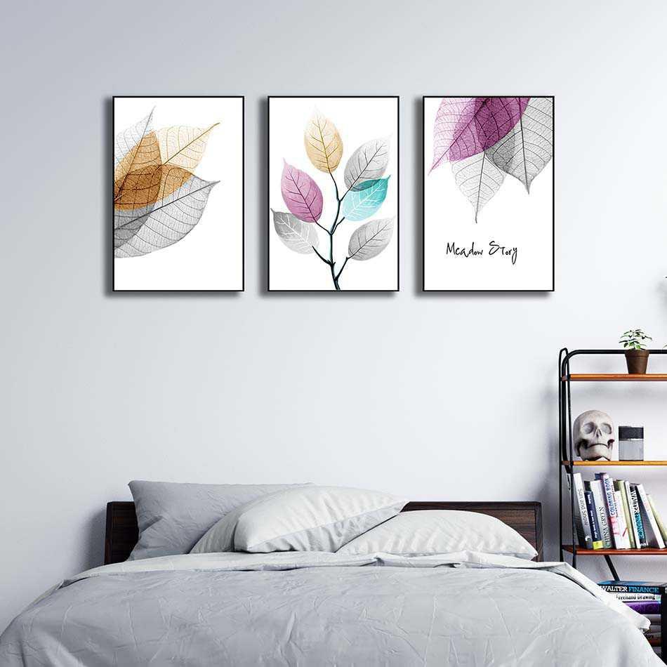 Bộ 3 tranh canvas treo tường Decor Họa tiết lá cây mùa thu thay sắc - DC208