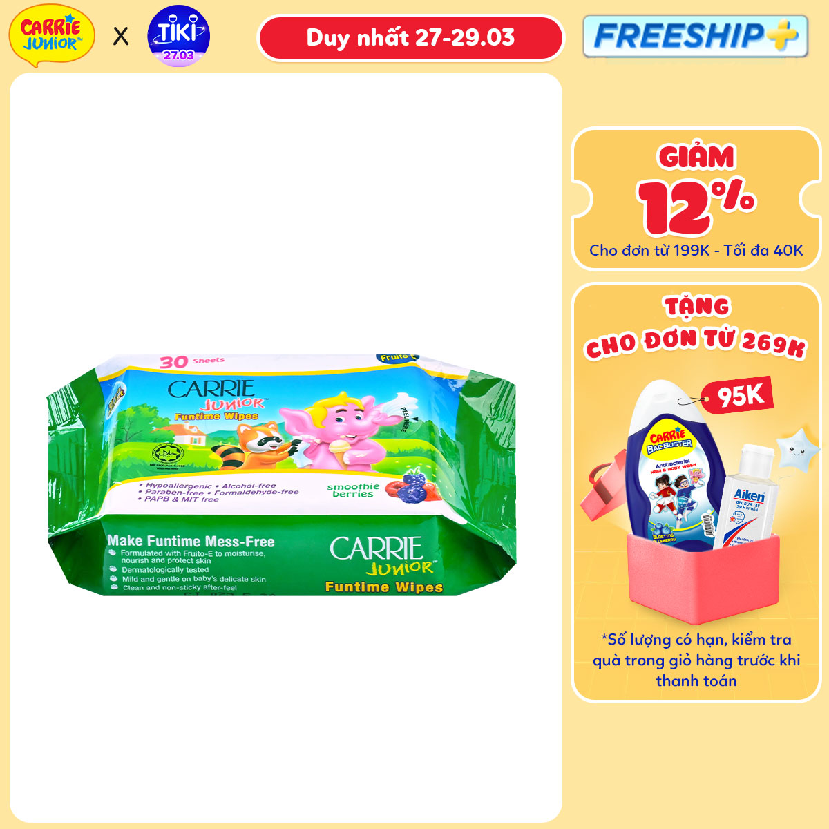 Khăn Giấy Ướt Carrie Junior Funtime Smoothie Berries 30 tờ/ gói