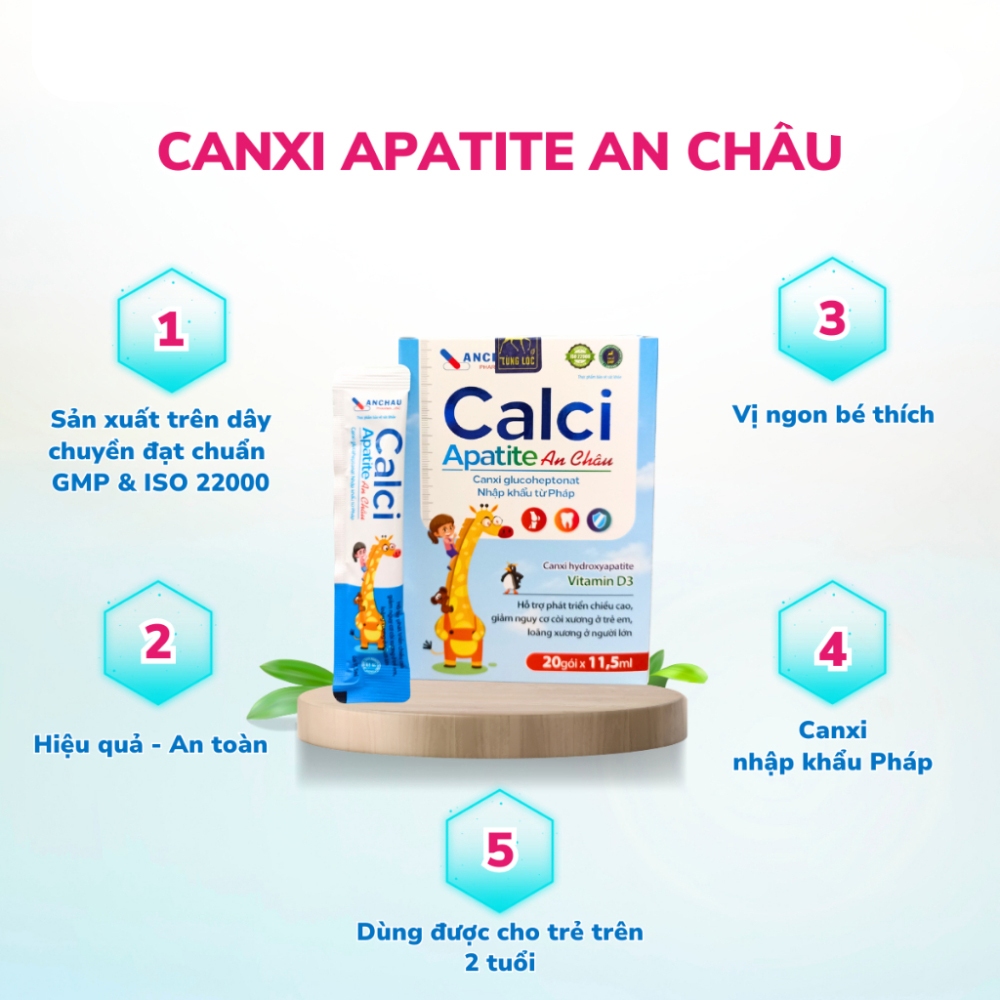 Canxi Hữu Cơ Cho Bé Calci Apatite An Châu Phòng Còi Xương, Giúp Bé Phát Triển Chiều Cao Vượt Trội (Hộp 20 Gói)