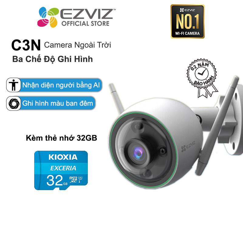 Combo Camera Wi-fi EZVIZ C3N 2MP Ngoài Trời, Có Màu, Kèm Thẻ Nhớ Kioxia 32GB/64GB - Hàng Chính Hãng