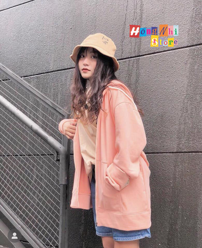 Áo Khoác Hoodie Zip Trơn Oversize Ulzzang Unisex Hoodie Dây Kéo Màu Hồng Dáng Rộng - MM
