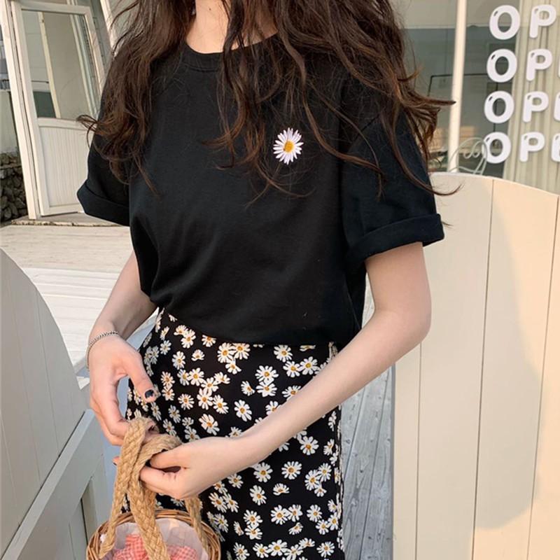 Women Summer Crew Neck College Short Sleeve Floral Print Loose T-Shirt Tops