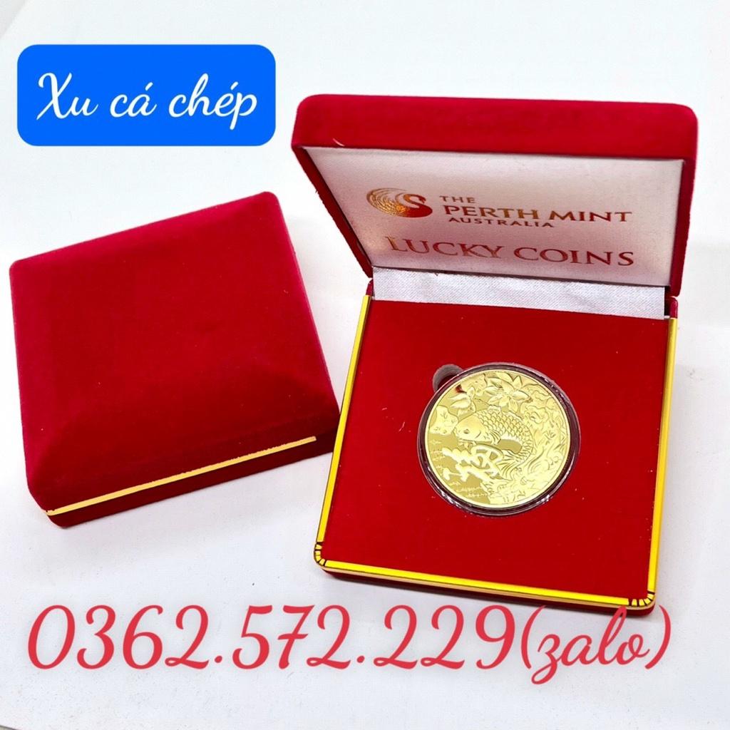 Đồng Xu Cá Chép Tài Lộc Mạ Vàng Phong Thuỷ May Mắn Tặng Hộp Nhung ,Móc Khóa, Túi Gấm Đỏ may mắn