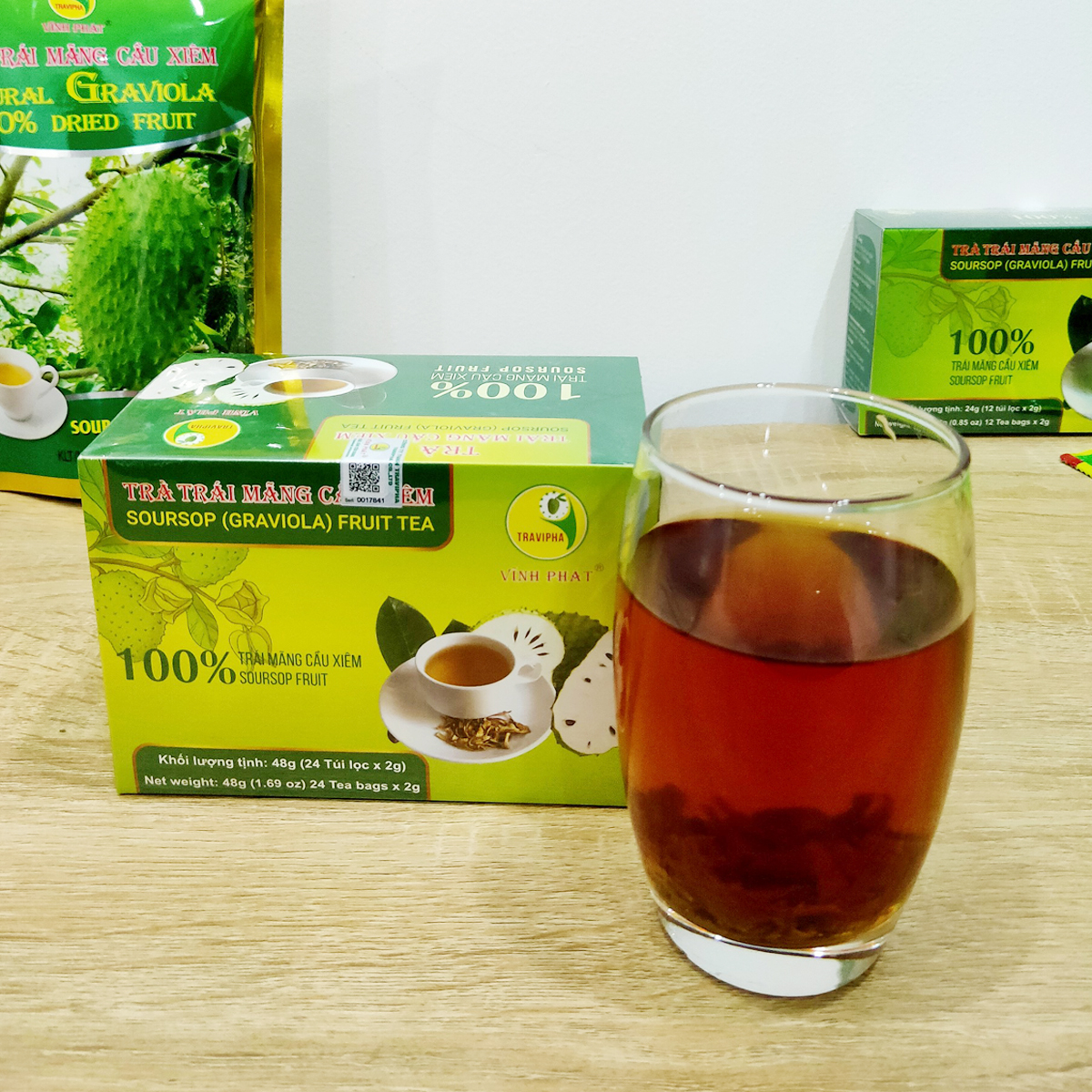 Trà Túi Lọc | Trà Mãng Cầu Xiêm Vĩnh Phát; 100% Thiên Nhiên, 100% Từ Thịt Trái Mãng Cầu Xiêm Được Trồng Hữu Cơ Tốt Cho Sức Khỏe; Có Chứng Nhận ATVSTP, HACCP, FDA...