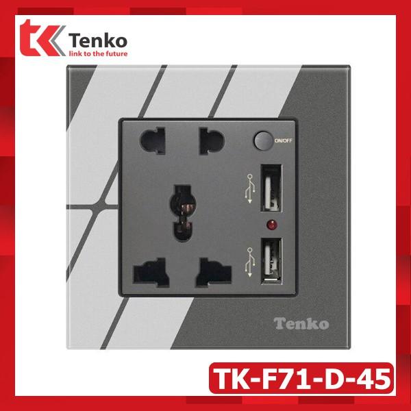 Ổ Cắm Đôi 3 Chấu Tích Hợp cổng USB + Nút Nguồn Điện mặt kính cường lực Tenko TK-F71-D-45 Màu Xám