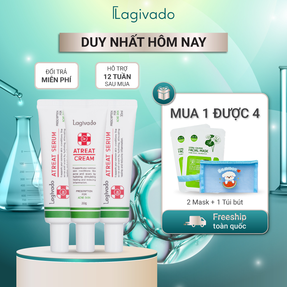 Bộ ba kem dưỡng ngăn ngừa mụn, giảm mụn viêm Lagivado Atreat Cream 30g và serum ngừa thâm, không để lại sẹo 60 ml