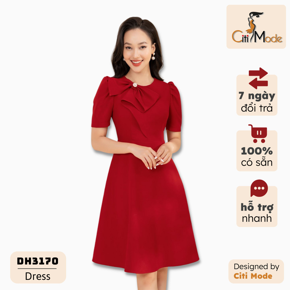 Đầm xòe đỏ công sở CITI MODE đính nơ ngưc chất vải co giãn cao cấp DH3170