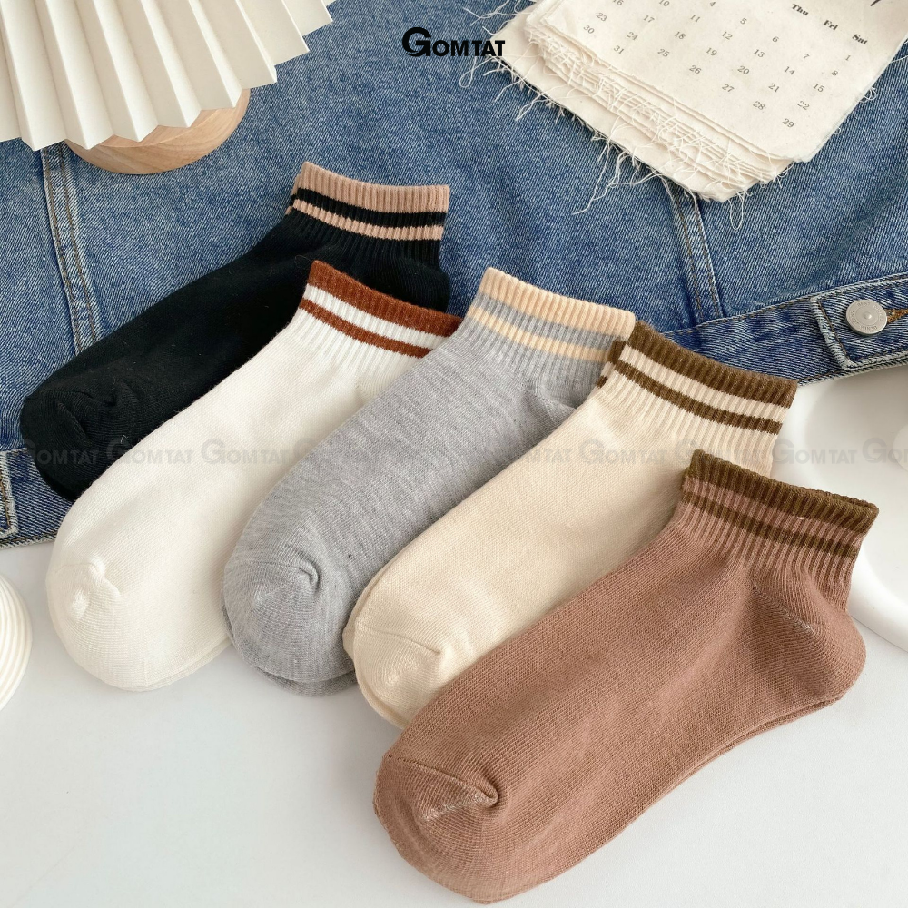 Set 5 đôi tất cổ ngắn nữ GOMTAT cổ sọc ngang nhiều màu, vớ nữ cổ ngắn chất liệu cotton mềm mại thoáng mát - CB095