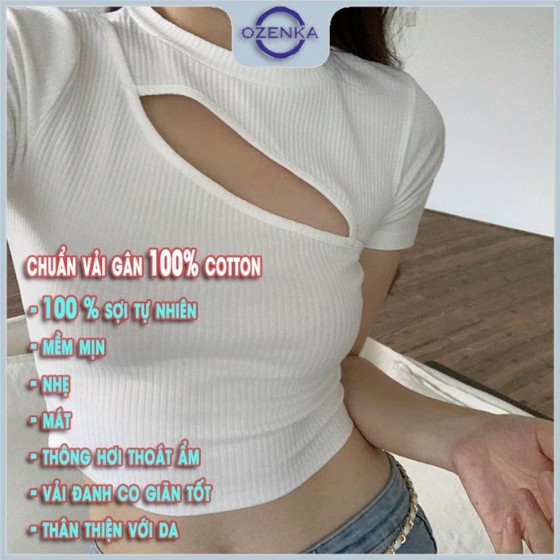 Áo croptop nữ khoét ngực ngắn tay cổ tròn ôm nữ, áo thun crt kiểu body đẹp mặc hè 2022 vải gân màu đen trắng