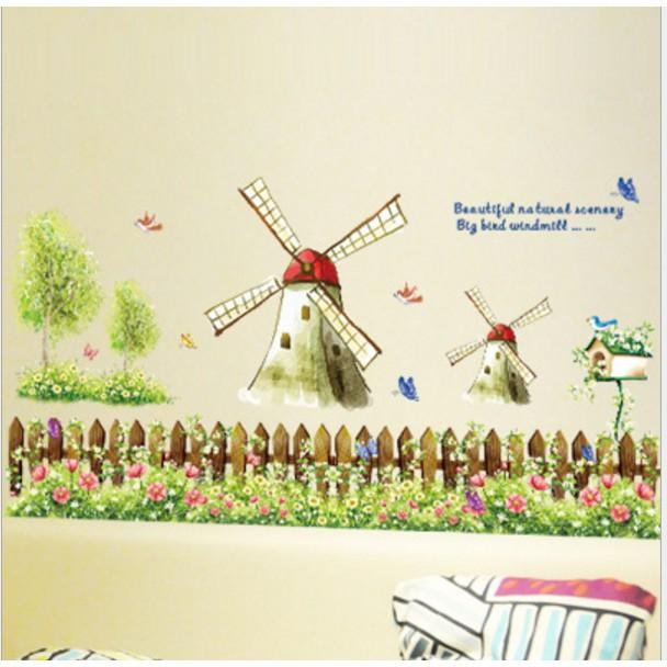 Decal trang trí hàng rào hoa và cối xay gió
