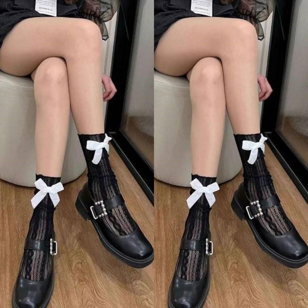 tất, vớ LƯỚI NHÚN ĐÍNH NƠ VÂN THỔ CẨM chất ren, cao cổ phong cách Lolita Nhật Bản cá tính, thoáng mát cho nữ Women