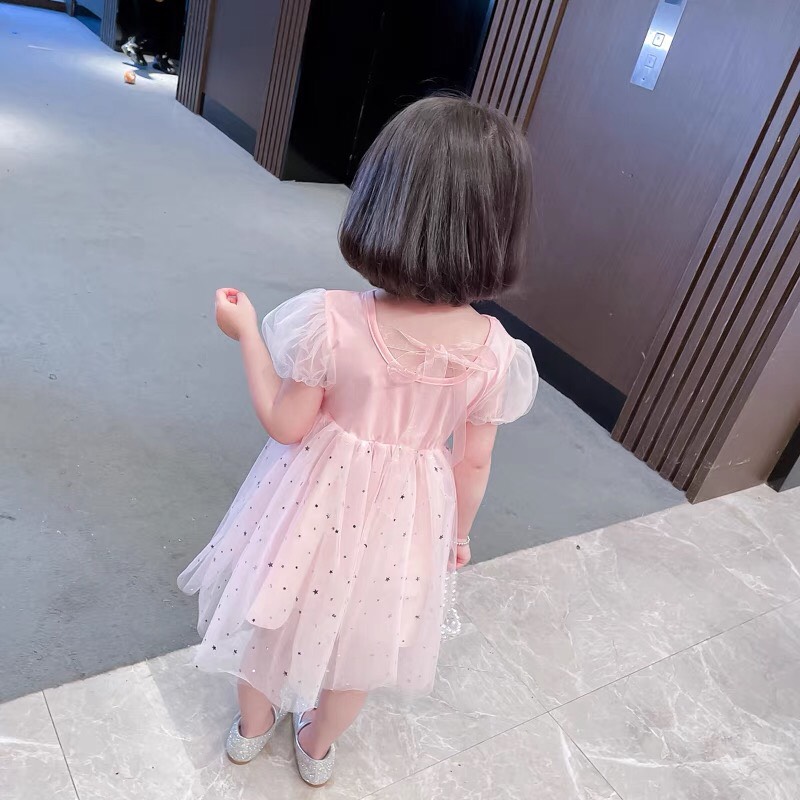 Váy công chúa bé gái 9m-5 tuổi cộc tay phối ren hình elsa và trái tim, Đầm dự tiệc cho bé cao cấp điệu đà đáng yêu