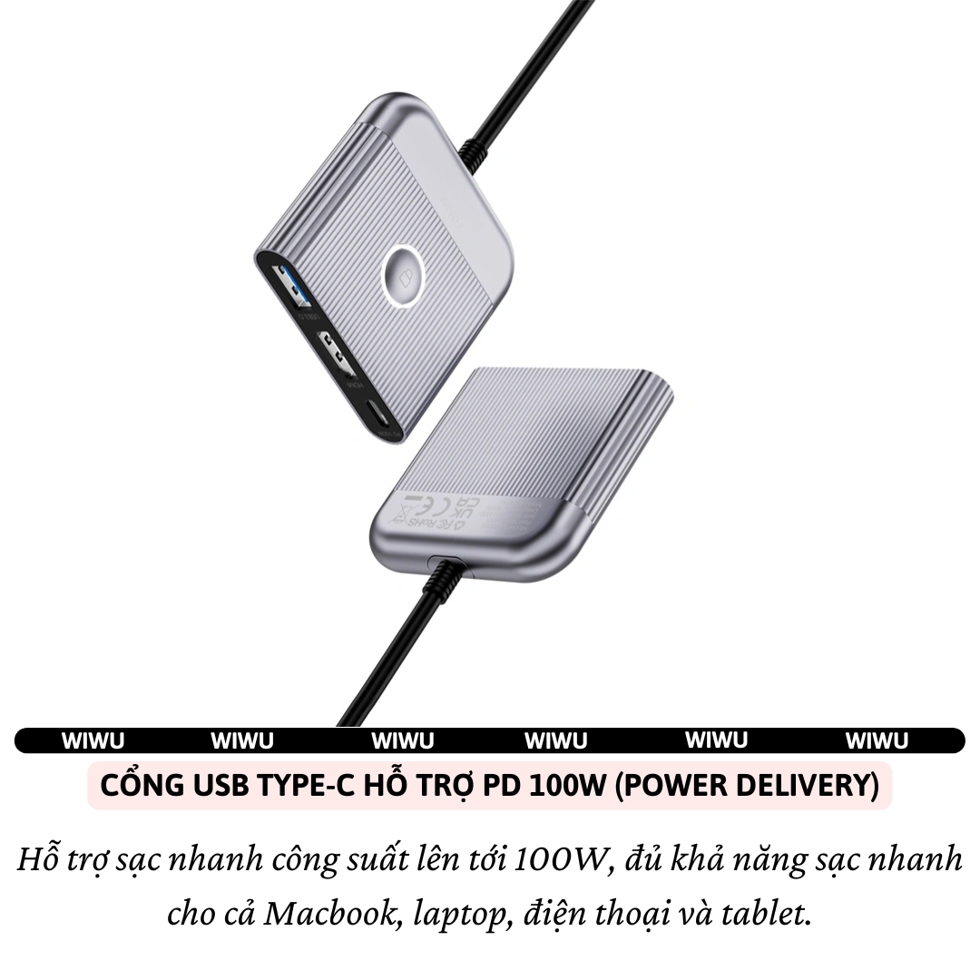 Hub chuyển đổi chia cổng Type-C 3in1 HDMI 4K@60Hz + PD 100W Type-C + USB 3.0 hiệu WIWU Travel Docking cho Macbook Laptop cho iPhone - Hợp kim nhôm, nhỏ gọn, bền bỉ, đa năng để vừa sạc vừa xuất màn hình và truyền dữ liệu nhanh chóng - Hàng nhập khẩu