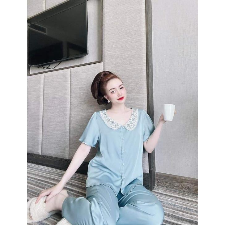 Đồ Ngủ Lụa Satin Quần Dài, Bộ mặc Nhà Cổ ren Tay Xòa Chất Vải Mát, Ít Nhăn Phom Thoải Mái, Dưới 58kg
