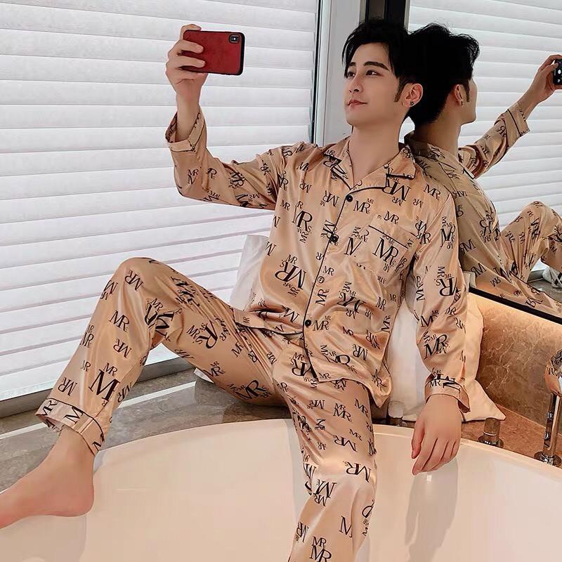 Đồ bộ Pijama họa tiết chữ MR dành cho nam - Đồ mặc nhà cho nam vải phi bóng dài tay (Hàng có sẵn)