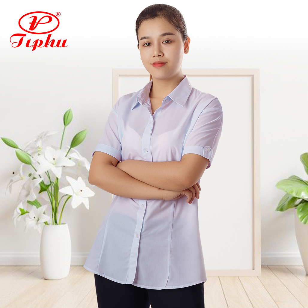 Áo trắng nữ sinh tay ngắn, sơ mi công sở, tay cách điệu nhẹ nhàng, vải KT Silk mềm mại, bigsize đến 80kg