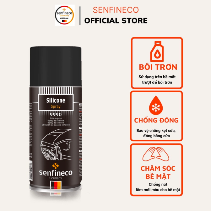 Xịt chống kẹt cửa ô tô Senfineco 9990 Silicon Spray - dung tích 450ml - Xịt dưỡng gioăng cao su bôi trơn