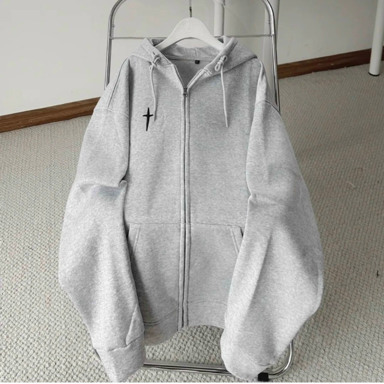 Áo khoác zip chữ thập nỉ lót bông hình thêu 2 mặt form rộng unisex nam nữ, áo khoác chống nắng, áo khoác cặp đôi