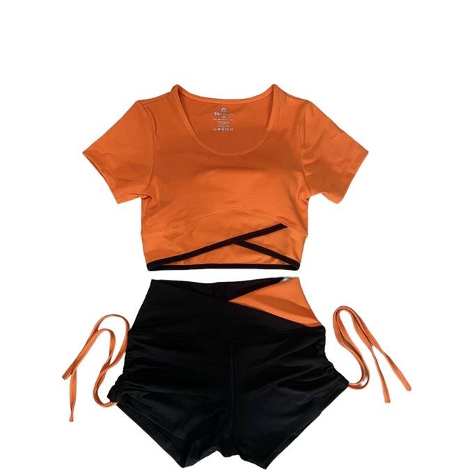 Set bộ đồ tập áo croptop vạt chéo quần đùi rút dây cạp V phối màu tạp gym,yoga,nhảy Zumba, aerobic,đi bơi đi biển nữ