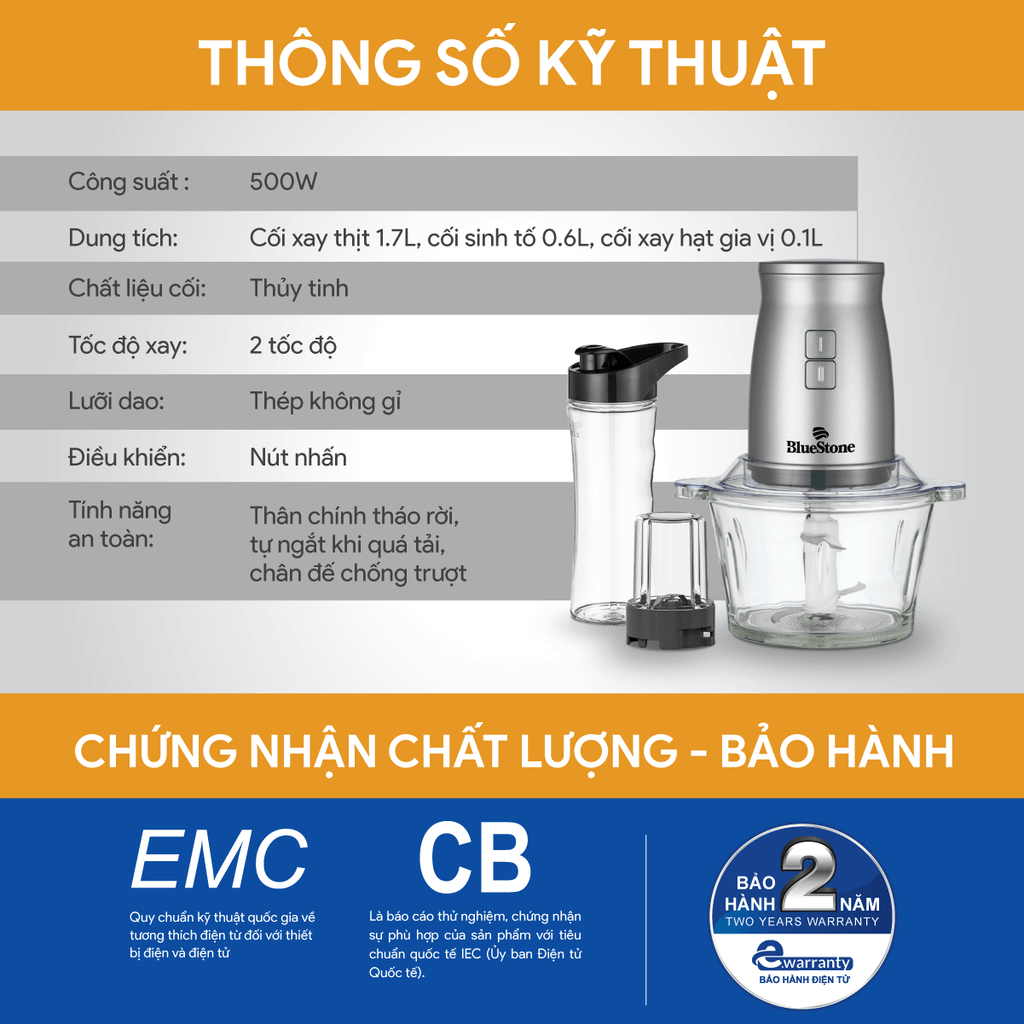 Máy Xay Đa Năng BLB-5348 - 1,7 Lít - 500W - Xay thịt, sinh tố, đánh trứng, tiện lợi nhỏ gọn - Hàng chính hãng