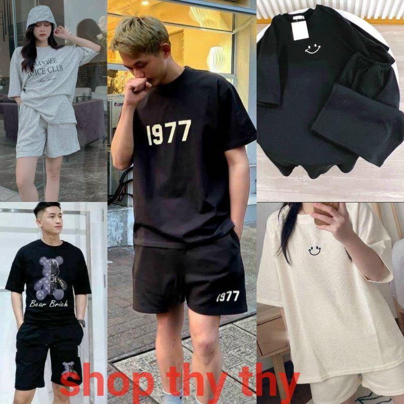 Bộ thể thao mặc hè cotton dáng rộng unisex nam nữ,Set quần đùi+ áo thun tay lỡ in hoạ tiết mặc đi chơi dạo phố ảnh thật