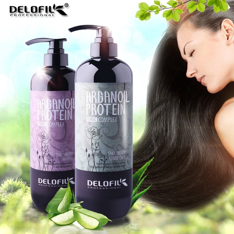 Cặp Gội &amp; Xả mềm mượt sạch gàu DELOFIL 500ml/800ml Arganoil Protein Silky Smooth giúp tóc suôn mượt, óng ả, ngăn ngừa gàu