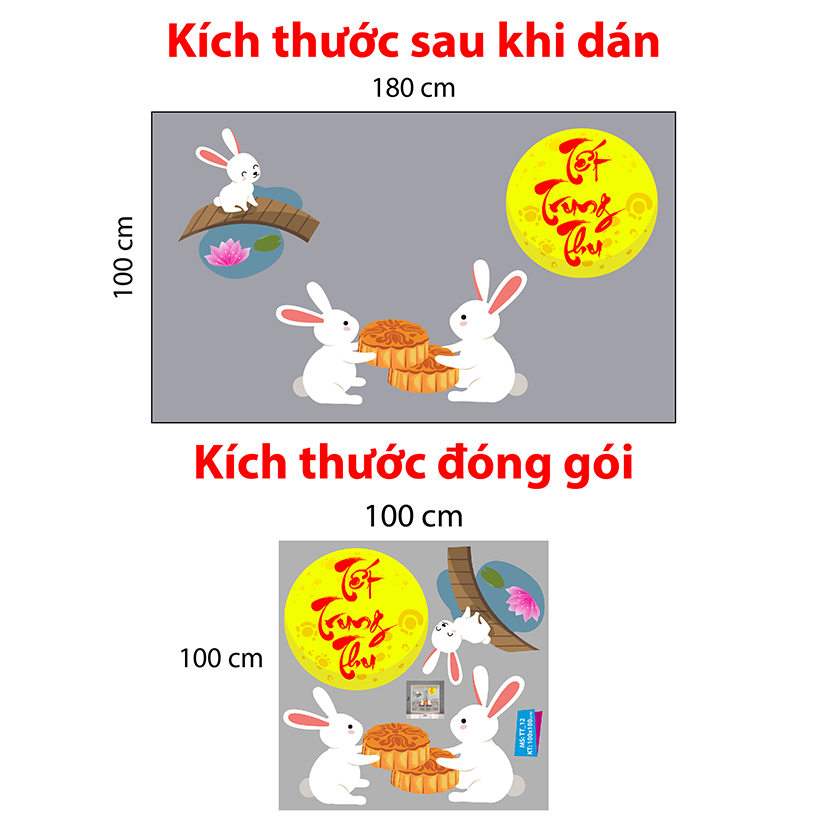 Decal trang trí trung thu 2021  gia đình thỏ trắng đớn mùng trung thu dưới ánh tráng