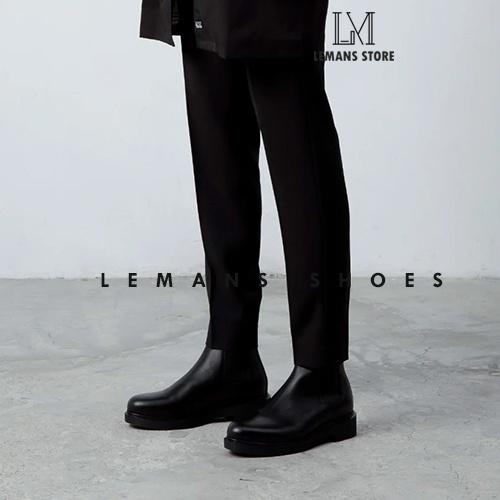 Giày da bò Chelsea Boots Black LEMANS CB66, đế lemans cao 4cm, boot nam chelsea boot nam, bảo hành 12-24 tháng