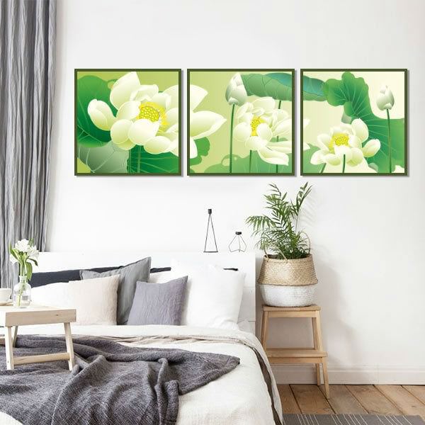 Bộ 3 Tranh Canvas Không Viền Trang Trí &quot;Hoa Sen Trắng&quot; W279