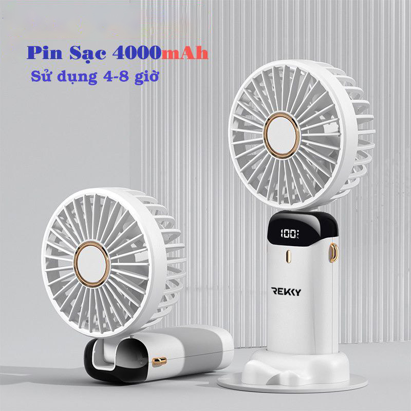 Quạt mini cầm tay REKKY gập gọn phù hợp mang đi du lịch, có đèn led hiển thị chế độ và dung lượng pin- Hàng Chính Hãng