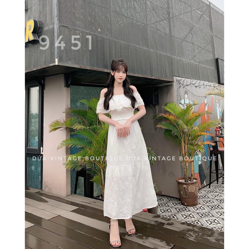 Đầm maxi trắng trễ vai hoa tròn cao cấp - 1833