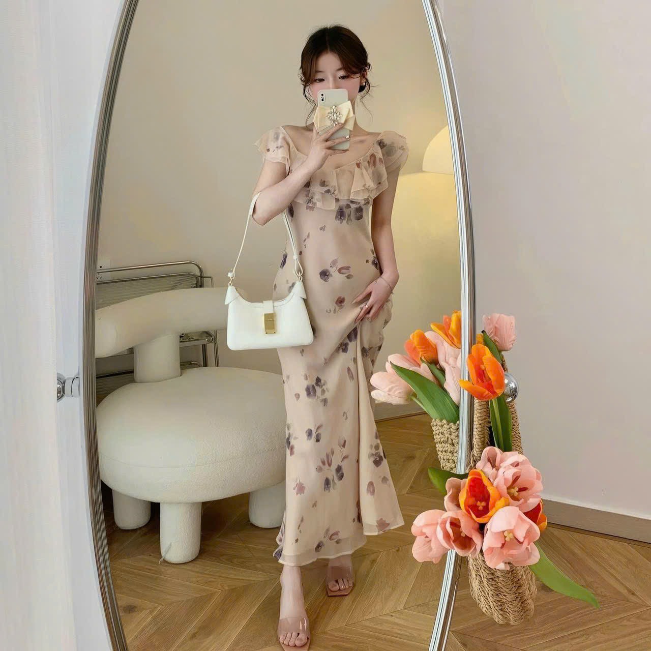 ĐẦM VOAN 2 LỚP BÈO VAI  MÀU Y HÌNH