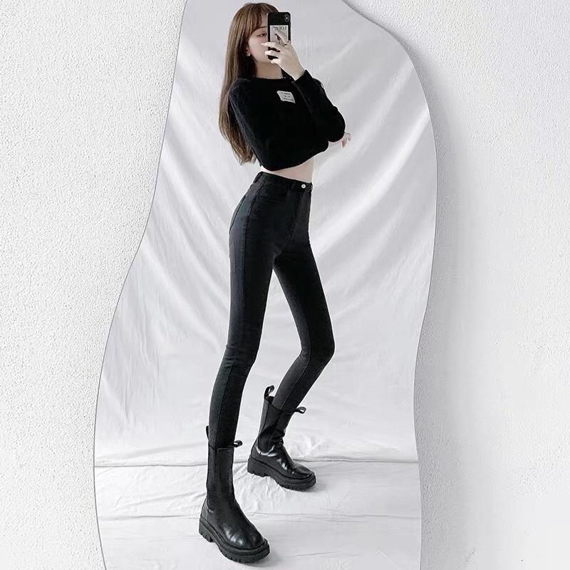 Quần jeans lưng cao HDSHOP Quần jeans nữ, dáng ôm co dãn màu đen