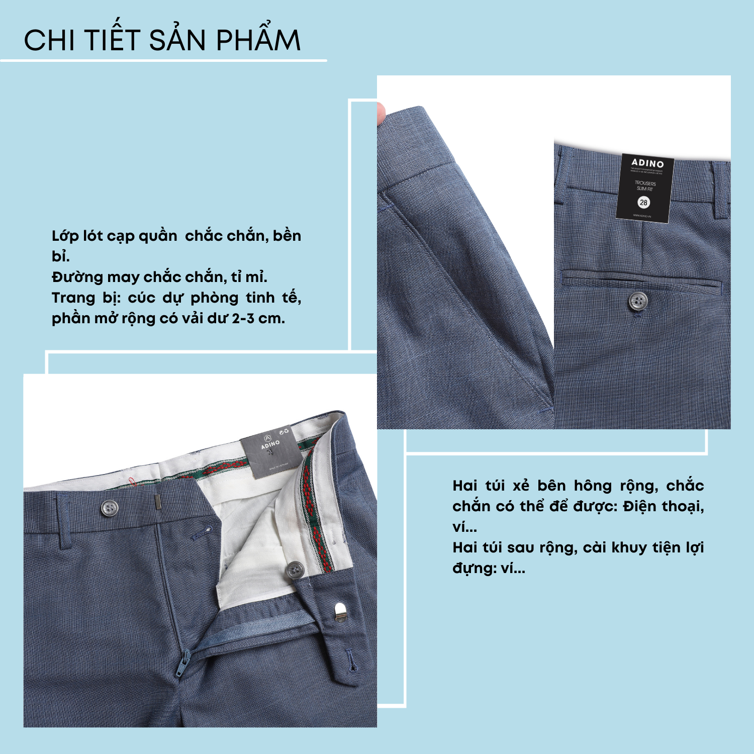 Quần tây âu công sở nam ADINO màu xanh ghi vải cotton không bai không xù dáng công sở slimfit ống đứng hơi côn QA83