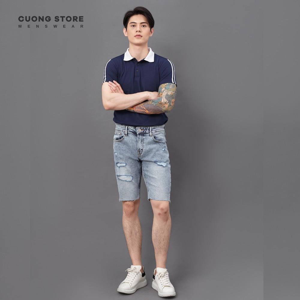 Quần short jean nam xanh rách MRC S252 chất cotton cao cấp, form ôm vừa vặn, tôn dáng, trẻ trung - CUONG STORE