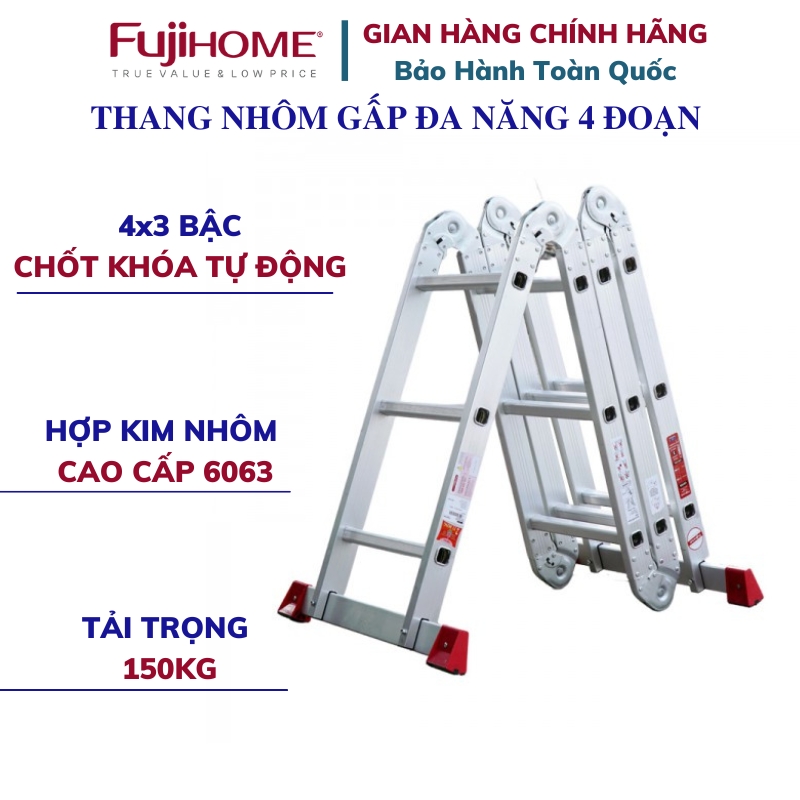 Thang nhôm FUJIHOME ML104N gấp đa năng 4 đoạn nhập khẩu, Cao tối đa 4,5m, Chống trơn trượt