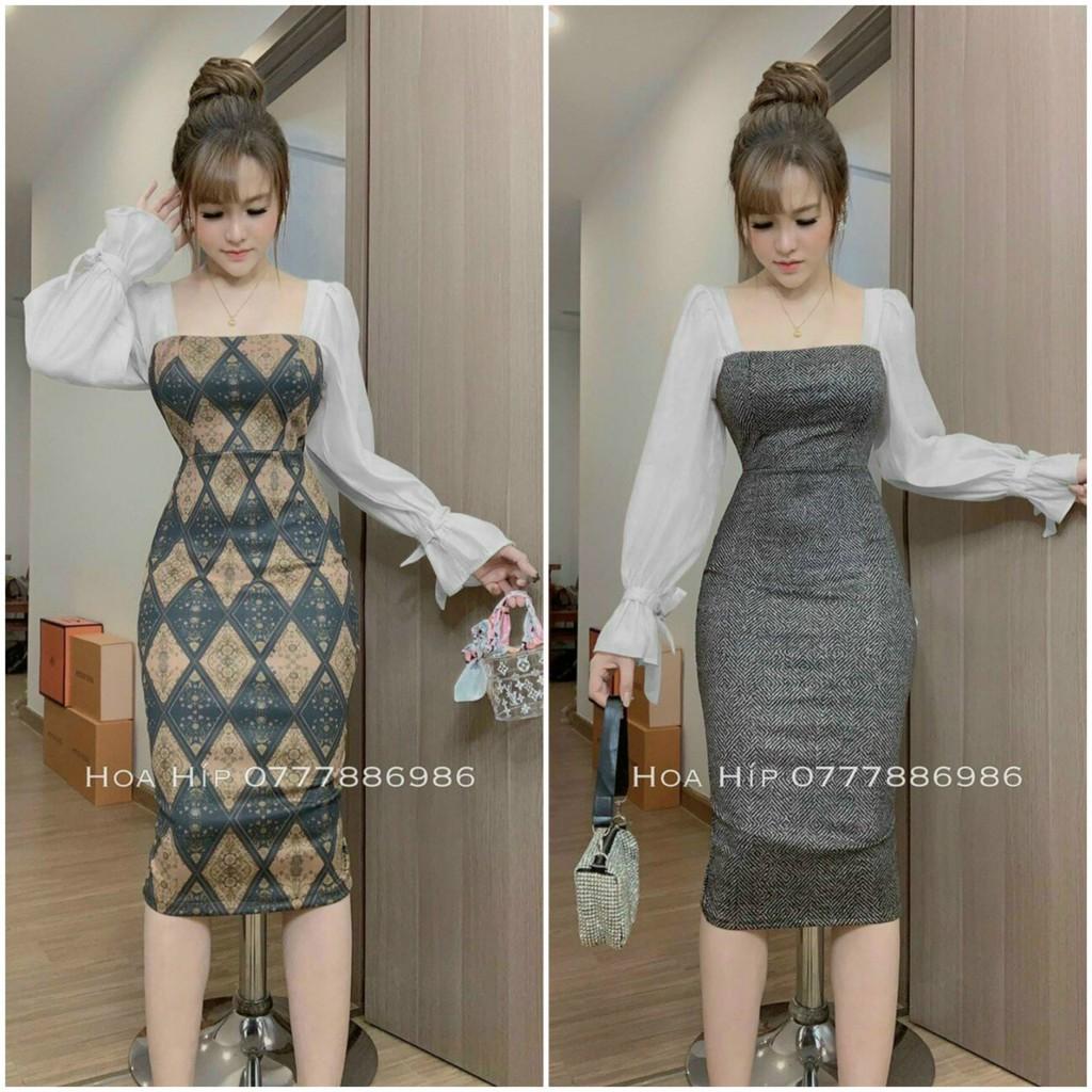 Đầm body dài hoạ tiết phối tay voan sang trọng