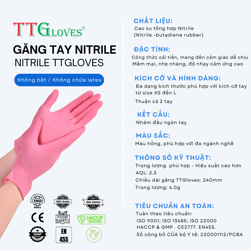 Găng Tay Cao Su Y Tế Size M Không Bột Nitrile TTGLOVES Màu Hồng (100 Chiếc)