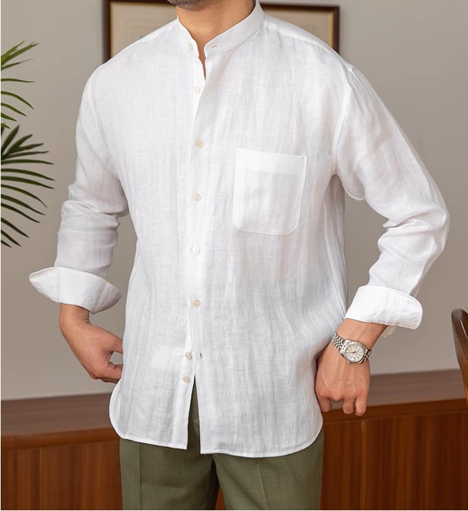 Áo sơ mi Linen dài tay nam cao cấp thiết kế cổ trụ phối cúc 1 túi ngực vải thoáng mát không bai gião MS05