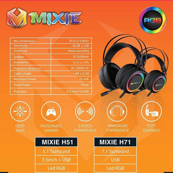 Tai Nghe Gaming MIXIE H51/H71- Âm Thanh 5.1/7.1 -Có Đèn Led RBG, Kết Nối USB+Mic- Bảo Hành 12 Tháng