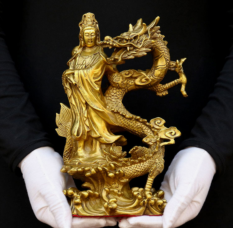 Tượng Phật bà Quan Âm cưỡi rồng bằng đồng thau phong thuỷ Hồng Thắng