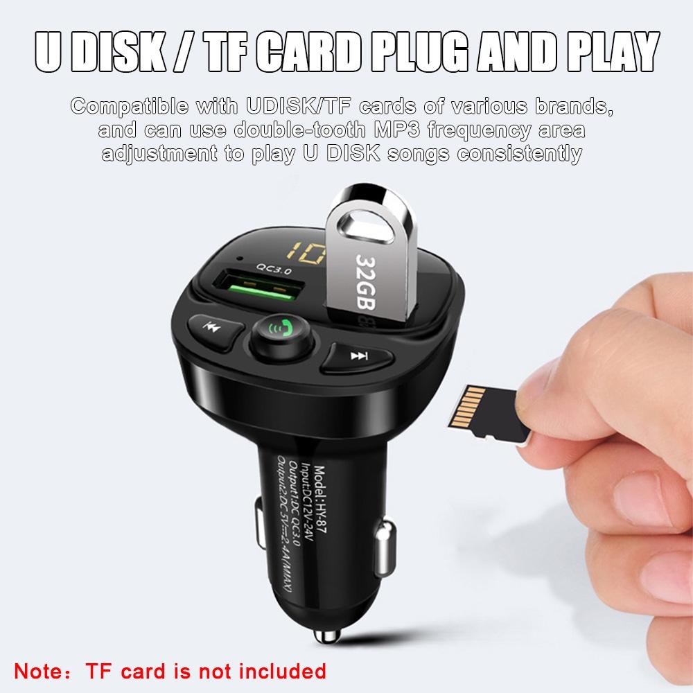 Tẩu sạc hai cổng USB Bluetooth 5.0 QC 3.0 có đèn LED hỗ trợ thẻ nhớ TF/ máy nghe nhạc MP3 rảnh tay cho xe hơi
