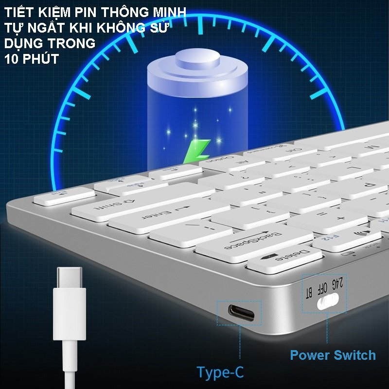 Bàn phím không dây mini W159C - pin sạc TypeC - đa kết nối bluetooth 5.0 + 3.0 + Usb wireless 2.4G