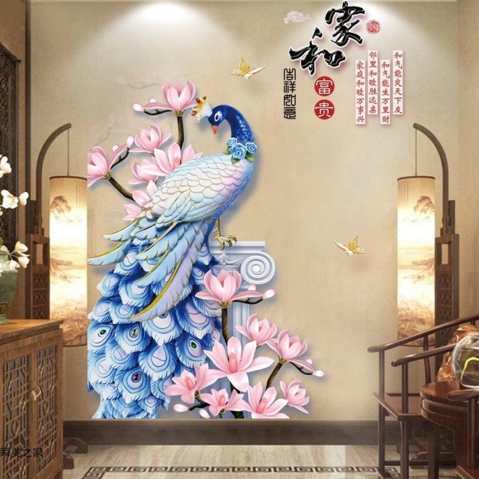 DECAL DÁN TƯỜNG HOA MẪU ĐƠN XANH VÀ CHIM CÔNG - HP922
