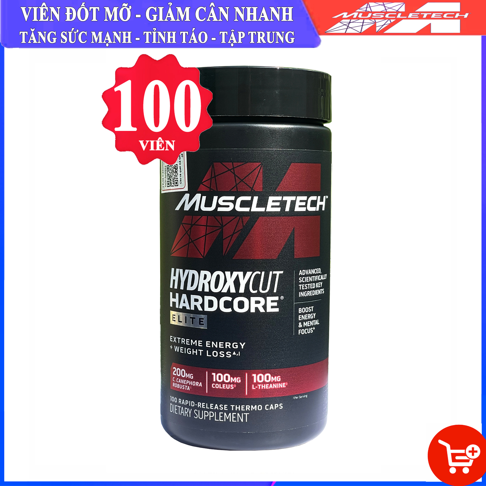 Thực phẩm bổ sung viên đốt mỡ giảm cân Hydroxycut Hardcore Elite của MuscleTech hỗ trợ giảm cân, giảm mỡ bụng mạnh mẽ cho người tập GYM và chơi thể thao