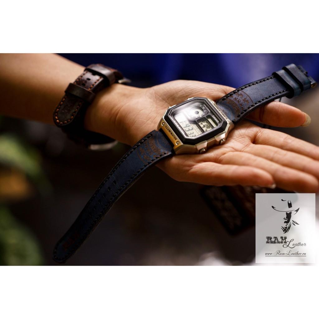 DÂY ĐỒNG HỒ CASIO AE1200/SEIKO5 DA BÒ THẬT XANH NAVY TRỐNG ĐỒNG