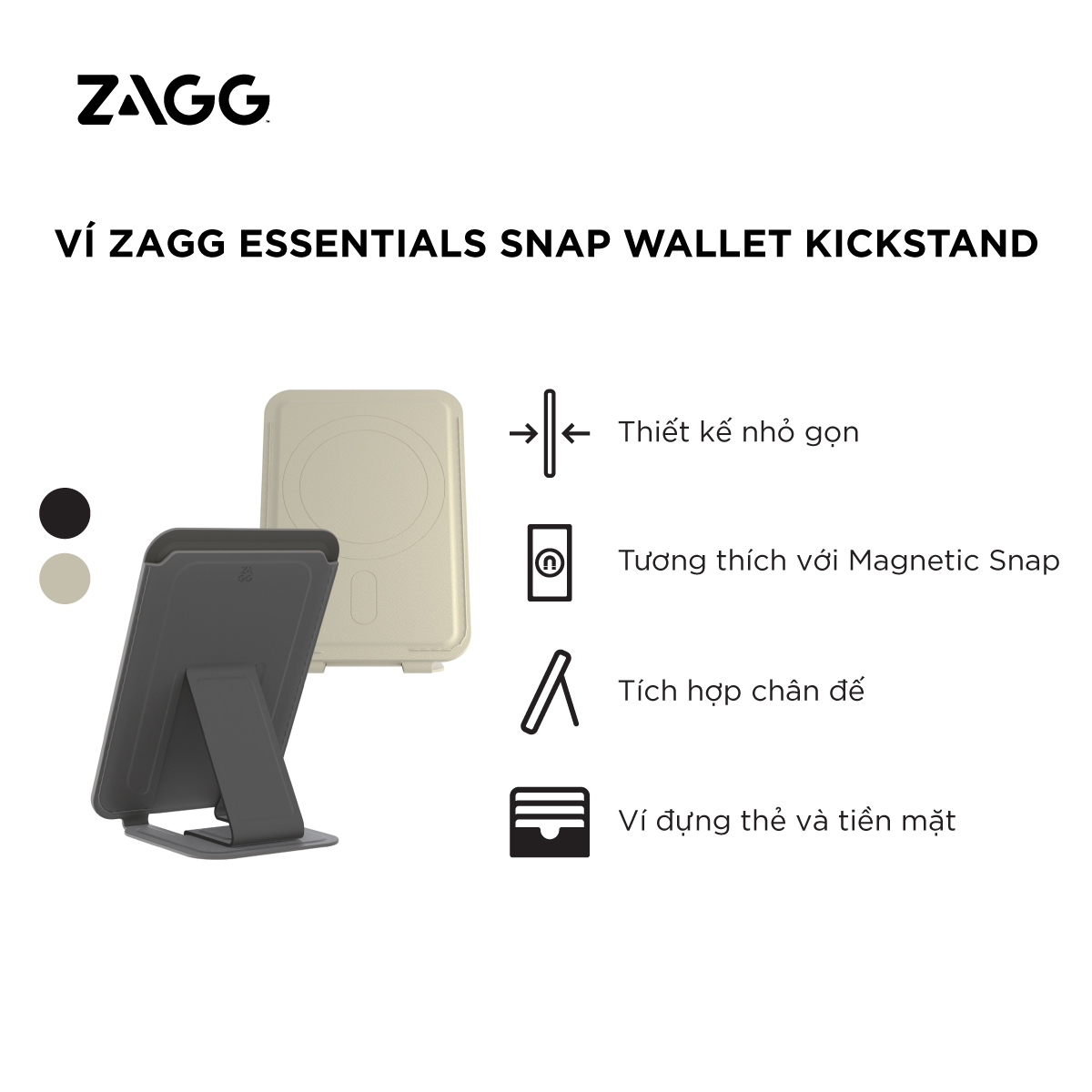 Ví ZAGG Essentials Snap Wallet Kickstand, tương thích từ tính, bảo hành 12 tháng - Hàng chính hãng